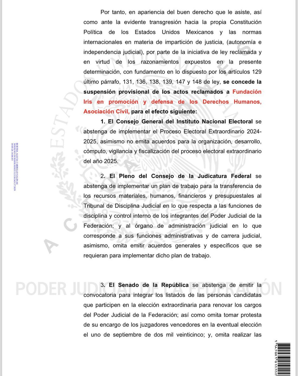 azucenau's tweet photo. #ÚLTIMAHORA | Un juez federal concedió una suspensión provisional que ordena al Consejo General del #INE abstenerse de implementar el Proceso Electoral Extraordinario 2024-2025 para la elección de jueces, magistrados y ministros establecido en la #ReformaAlPoderJudicial https://t.co/FdaDwgbq9E