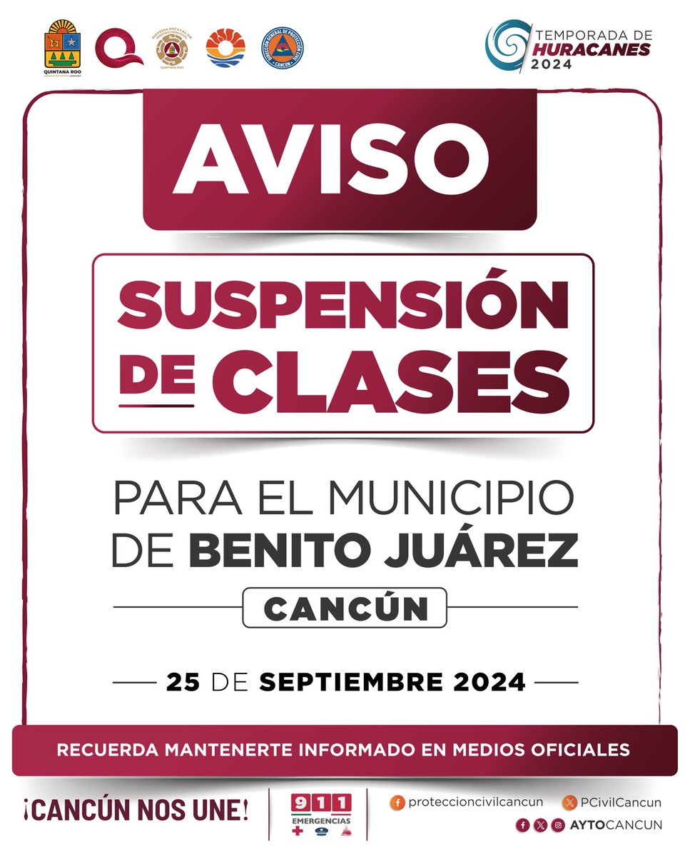 AytoCancun's tweet image. ⚠️ AVISO ⚠️

El día de mañana, miércoles 25 de septiembre, quedan suspendidas las clases en todos los niveles educativos en el municipio de Benito Juárez ante la llegada de la #TormentaTropical #Helene.🌀

🟡 #AlertaAmarilla #PeligroModerado

#PrevenirEsVivir
#CancúnNosUne 🤝🏼
