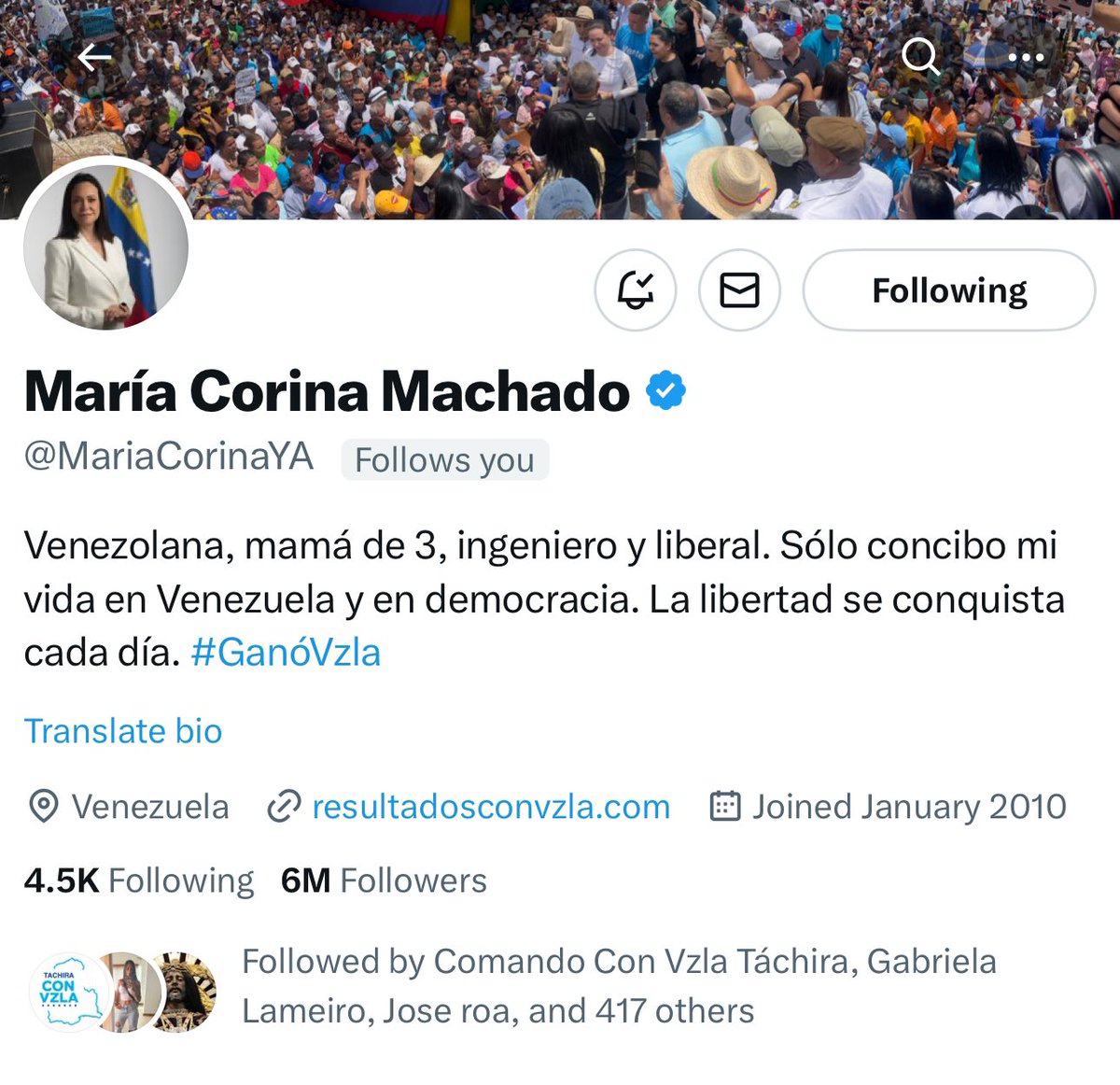 Nuestra líder <a href="/MariaCorinaYA/">María Corina Machado</a> llegó a sus 6 millones en twitter. Celebramos el gran apoyo que está recibiendo no solo en Venezuela si no en el mundo entero. Si crees en su liderazgo y en su lucha como nosotros por favor difunde este mensaje. 🇻🇪