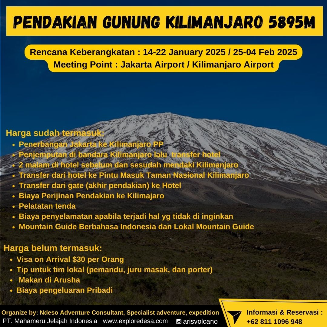 aris_volcano's tweet photo. Open Schedule Pendakian Kilimjaro Jan Feb 2025
Puncak Tertinggi di Afrika dengan Ketinggian 5895m
Kapan: Rencana Keberangkatan : 14-22 January 2025 / 25-04 Feb 2025
Meeting Point : Jakarta Airport / Kilimanjaro Airport
Peserta Terbatas Hanya untuk 4-6 Orang Saja
#pendaki #Guru https://t.co/aJLMGURV7G