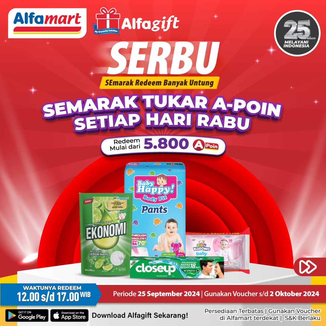 alfamart's tweet image. ✨ Yuk Serbu Produk Spesialnya Mulai dari 5.800 A-Poin Aja 🥳

Promo spesial untuk member Alfamart disetiap hari Rabu bisa menukarkan A-Poin kamu.

Yuk nantikan promonya mulai jam 12:00 s/d 17:00 WIB hanya di aplikasi Alfagift
*S&amp;amp;K berlaku

#Alfamart #Alfagift #PromoMember