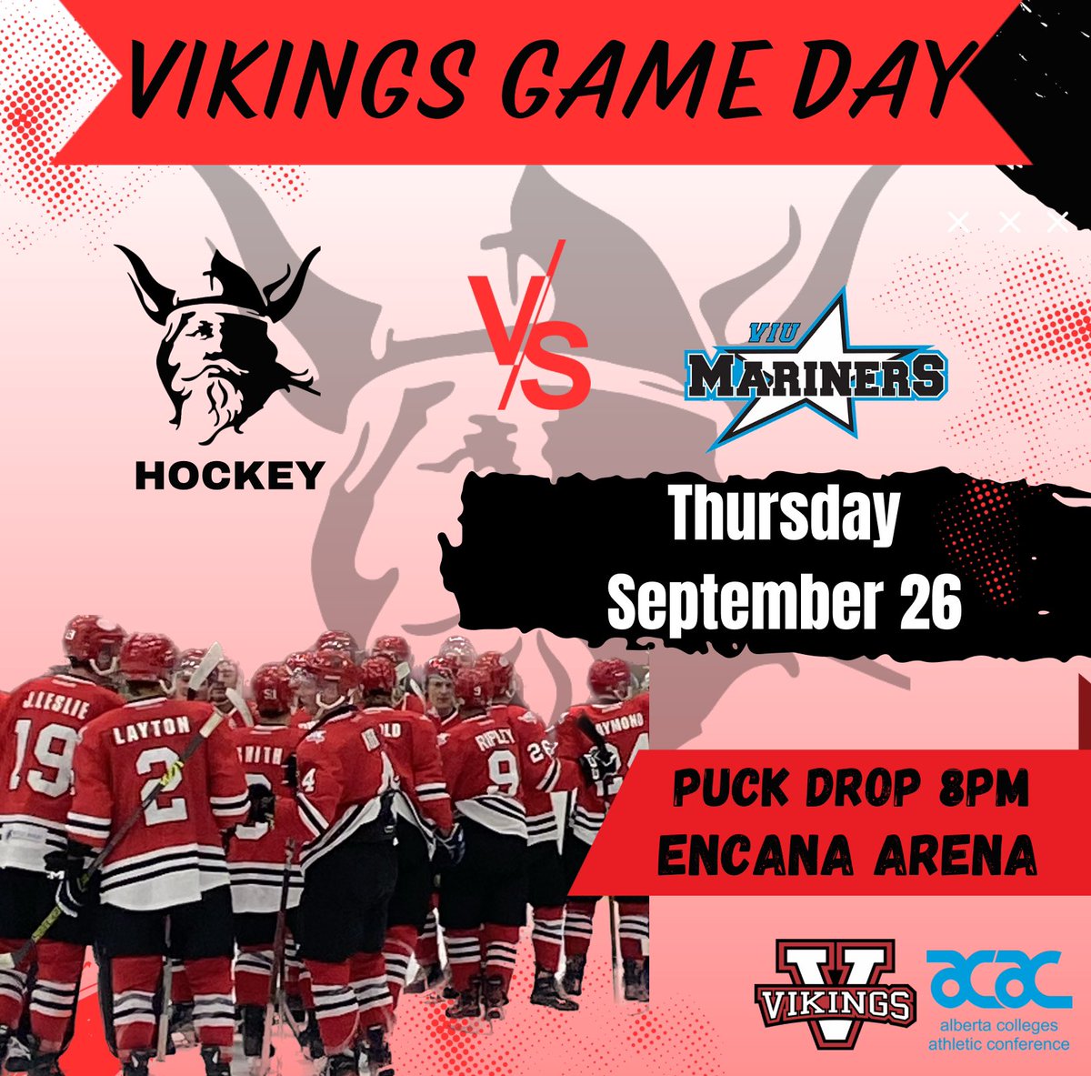 UAAmensHockey's tweet photo. Come see the Vikes take on the VIU Mariners from the BC Intercollegiate Hockey League this Thursday at the Encana Arena for the third game of our exhibition series. 
Puck drop 8PM! https://t.co/o7Wk6ymmts