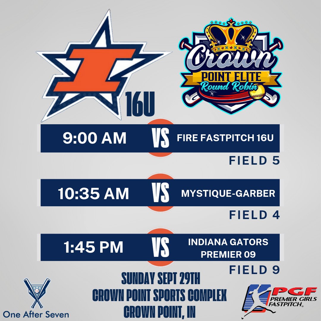 This Sundays schedule for the PGF Crown Point Elite Round Robin at the Crown Point Sports Complex in Crown Point, IN.   Go Stars!