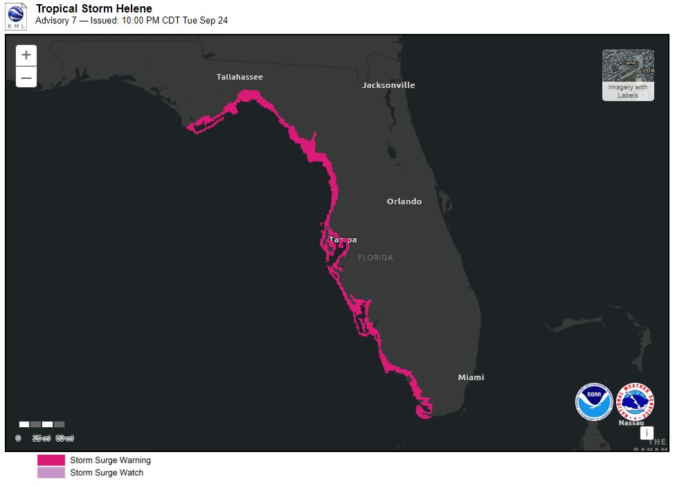9/24 11pm EDT: There is a danger of life-threatening storm surge from Tropical Storm #Helene along the entire west coast of the Florida Peninsula &amp; Florida Big Bend, where a Storm Surge Warning is in effect. Residents in those areas should follow advice given by local officials.