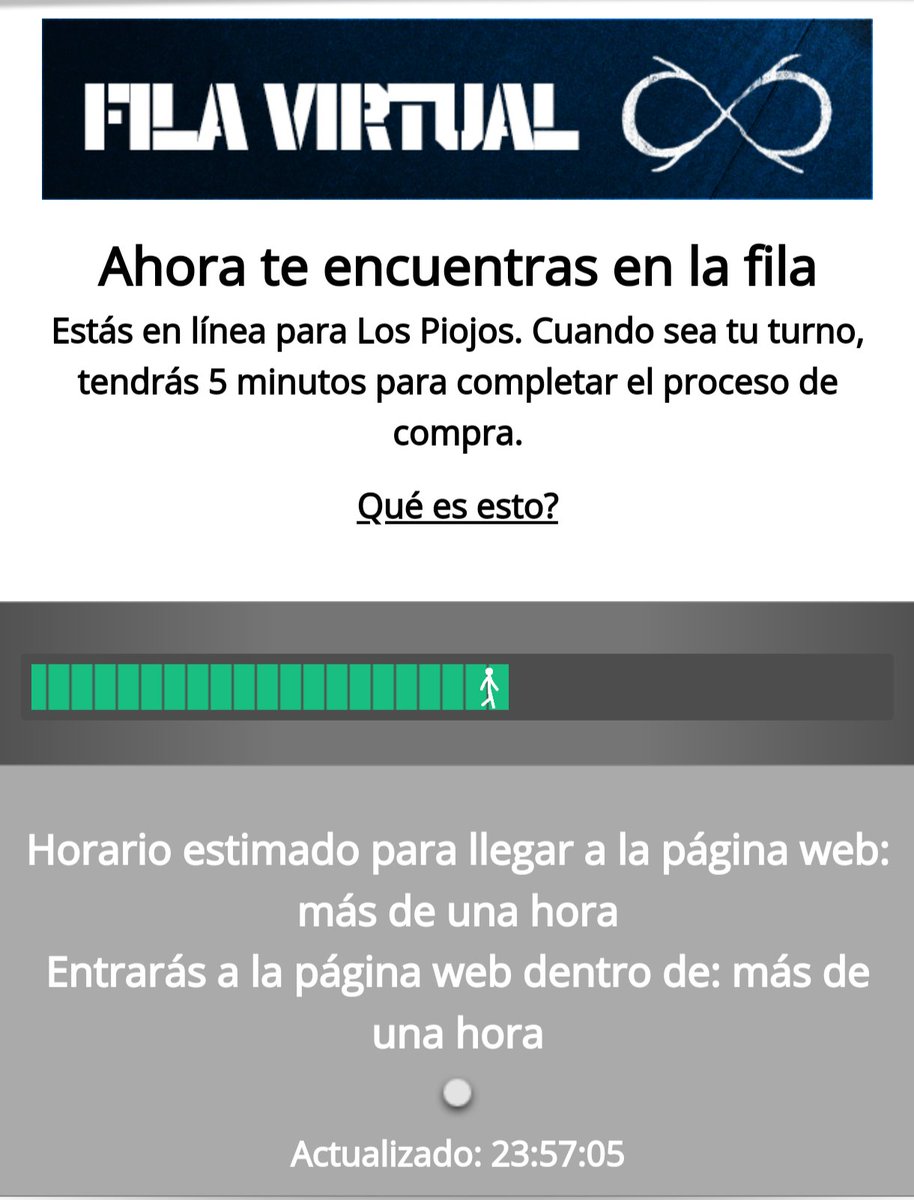 Hace 11 horas que tardaré más de una hora en ingresar al sitio para poder sacar una entrada y ver a Los Piojos en La Plata.
Mientras tanto ya ví casos de personas que sacaron para todos los shows 👍🏽
Espectacular lo de Ticketek, che
<a href="/TicketekAr/">Ticketek Argentina</a> <a href="/OficialPiojos/">Los Piojos Oficial</a>