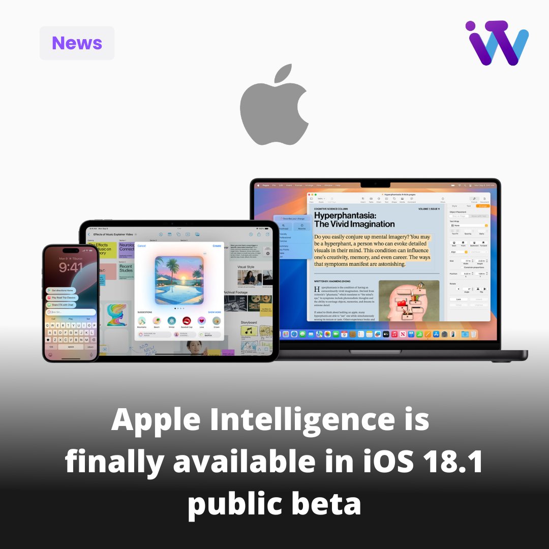 theITW's tweet photo. @Apple has launched public betas for iOS 18.1, iPadOS 18.1, and macOS Sequoia 15.1. The betas include Apple Intelligence features, such as an improved Siri, text rewriting tools, and a photo ‘Clean Up’ feature. 

Image: Apple https://t.co/EehYUU0ouF