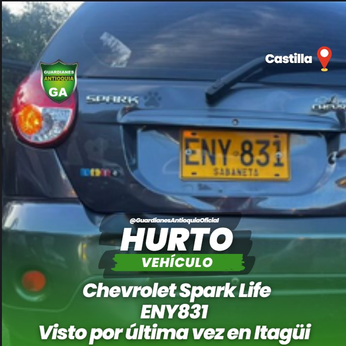 Guardianes_Ant's tweet photo. #HurtodeVehiculo | Chevrolet Spark de color negro placa ENY831 hurtado en castilla, visto por ultima vez en Itagüi.
@PoliciaMedellin
@seguridadmed https://t.co/47I3dARpF7