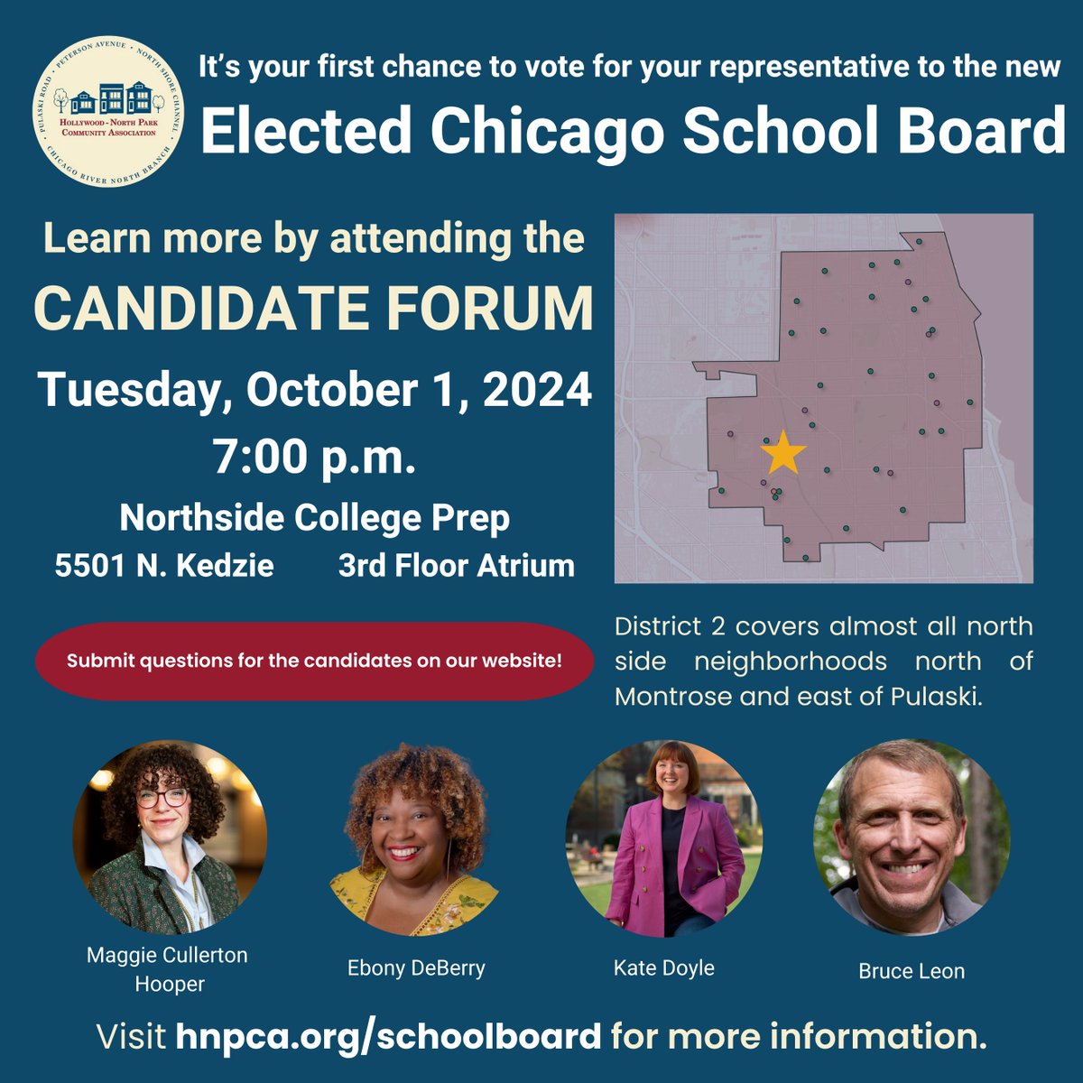 Need to get up to speed on your Dist 2 Chicago School Board race? Come out Tues, Oct 1, 7 p.m. at Northside Prep to hear from all 4 candidates. Submit questions ahead of time at hnpca.org/schoolboard. @Andrefor40th <a href="/the48thward/">The 48th Ward — Alderwoman Leni Manaa-Hoppenworth</a> <a href="/AldMattMartin/">Alderman Matt Martin</a> @ChiAlderwoman <a href="/50thWardChicago/">Alderman Debra Silverstein</a>