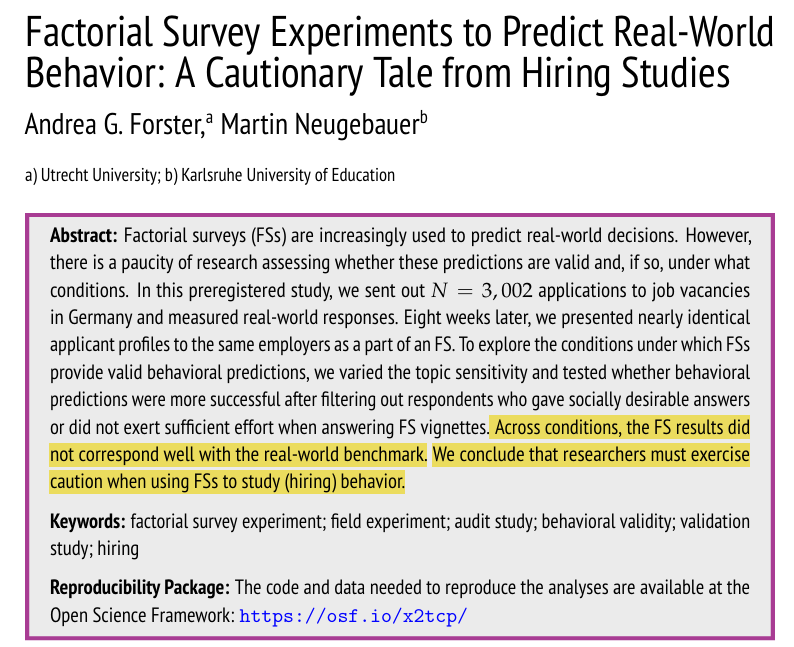 Justin T. Pickett (@justintpickett) on Twitter photo (1/7) A new study in a top sociology journal compares a field experiment (FE) and a factorial survey experiment (FS) on hiring, finding they yield different results. A thread on why I doubt its conclusions and the validity of the comparison.
sociologicalscience.com/articles-v11-3… (1/7) A new study in a top sociology journal compares a field experiment (FE) and a factorial survey experiment (FS) on hiring, finding they yield different results. A thread on why I doubt its conclusions and the validity of the comparison.
sociologicalscience.com/articles-v11-3…