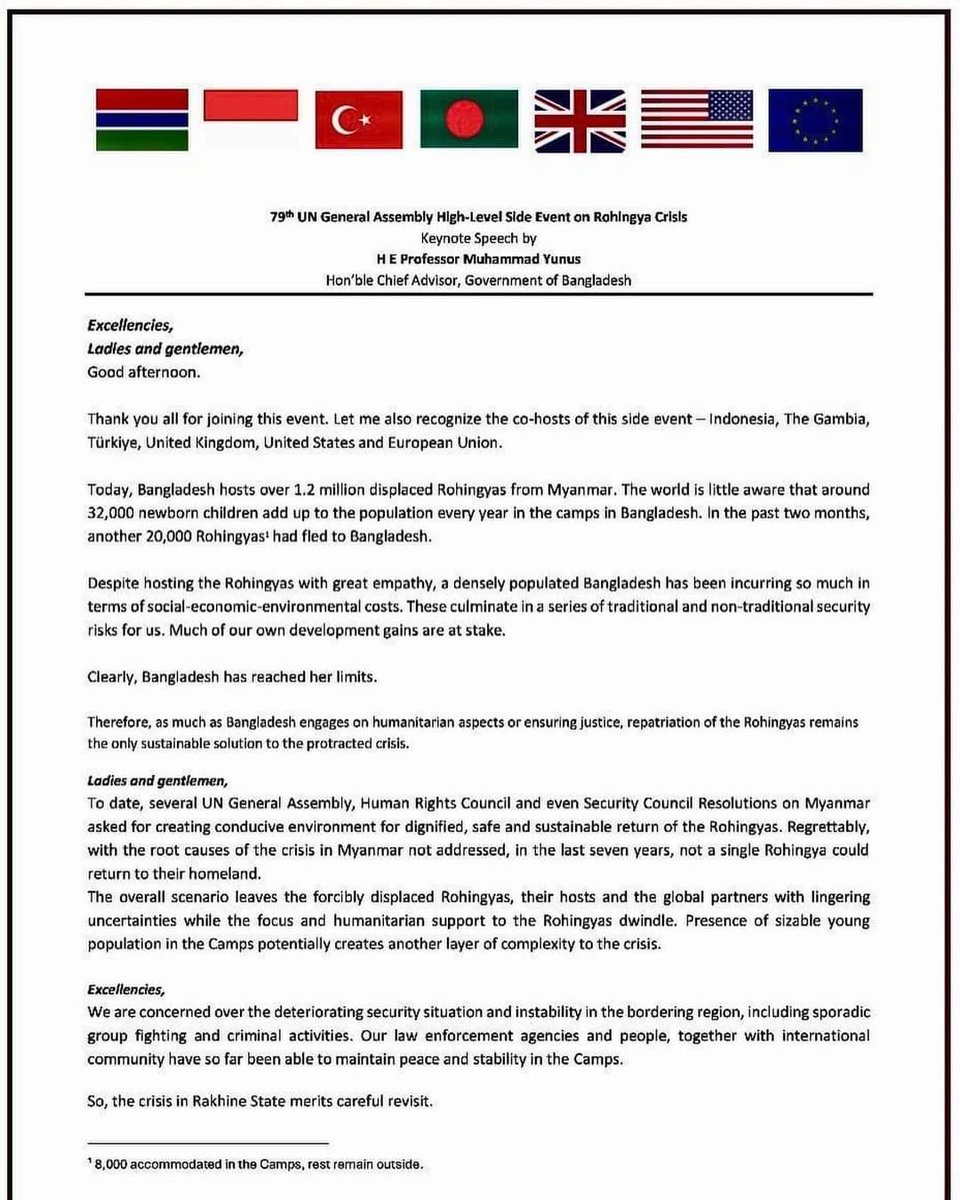the_rspd's tweet photo. Thank you all for joining, with special appreciation to Dr. Yunus. Grateful to our co-hosts: Indonesia, The Gambia, Türkiye, UK, US, and the EU. Bangladesh shelters over 1.2M Rohingya, with 32,000 newborns yearly and 20,000 new arrival in the last two months. #RohingyaHumanRights https://t.co/WHfEdBIqSj