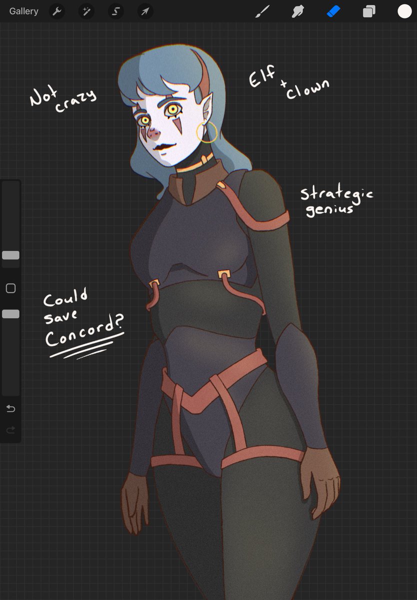 DustbunnyJ's tweet photo. Instead of “fixing” pre-existing @PlayConcord characters. I just thought I would create my own! Could a clown elf princess save the game? Would you play her? #concord #characterart #digitalart #drawing #oc #Concord #freegunner #procreate #originalcharacter #ocart #ipad #game #conceptart #characterdesign Might design weapon and kit later!
