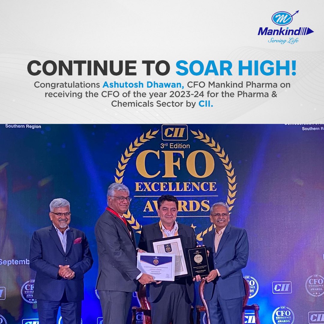 Pharma_Mankind's tweet image. We at Mankind Pharma are proud to share that our CFO, Mr. Ashutosh Dhawan has been honoured as the CFO of The Year by Confederation of Indian Industry, CII. May we continue to reach new heights in every avenue.

#CII #CFO #CFOOfTheYear #MankindPharma #Mankind