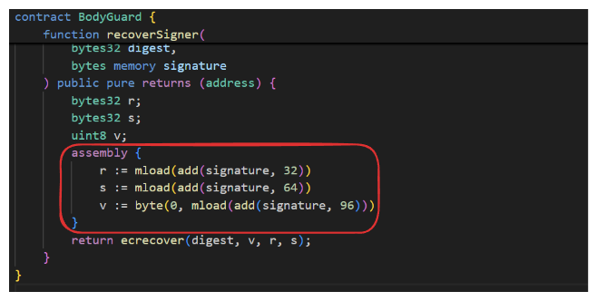 MageIntern's tweet photo. 7/ Bingo! The recover function doesn't validate any bytes after offset 96. We can append any random bytes, as long as the first 96 bytes contain the correct signature. https://t.co/CGs4XXeeL8