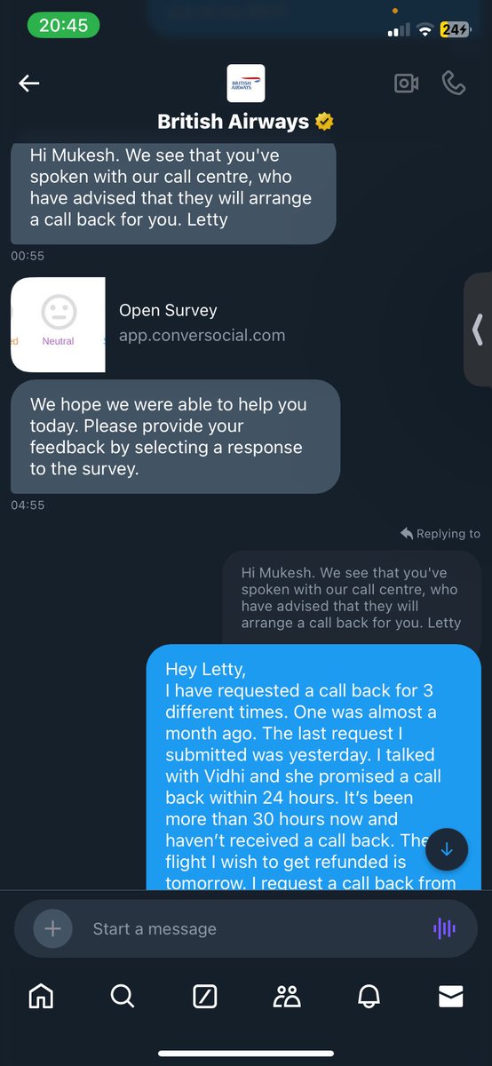 imvivek16995's tweet photo. @British_Airways
I’ve requested a callback 3 times, one-a month ago. Last-was yesterday after speaking with Vidhi, who promised a callback in 24 hours. It’s been over 30 hours—no response yet. Flight tommrw
If I don’t get a call, I hold you responsible for a full refund.
#BAsucks https://t.co/9IKPwosWe0