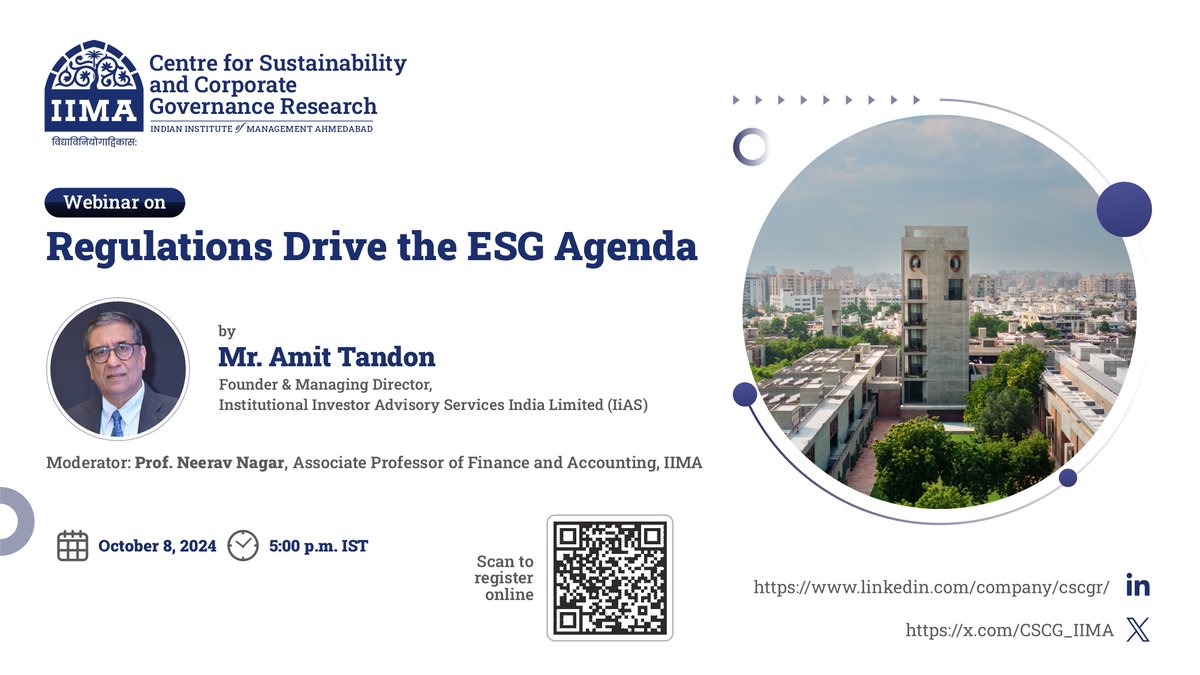 Join us for a webinar with Mr. <a href="/AmitTandon_in/">Amit Tandon</a> @IIiASAdvisory on Oct. 8, 2024. The session will explore the evolving landscape of ESG regulations in India &amp; the role of ratings &amp; proxy advisory firms.

tinyurl.com/4dbpunh2

#Webinar #ESG

<a href="/anishsugathan/">Anish Sugathan</a> <a href="/adymoses/">Aditya Moses</a> <a href="/vvidyasachi/">Dr. Vidya Vemireddy</a>