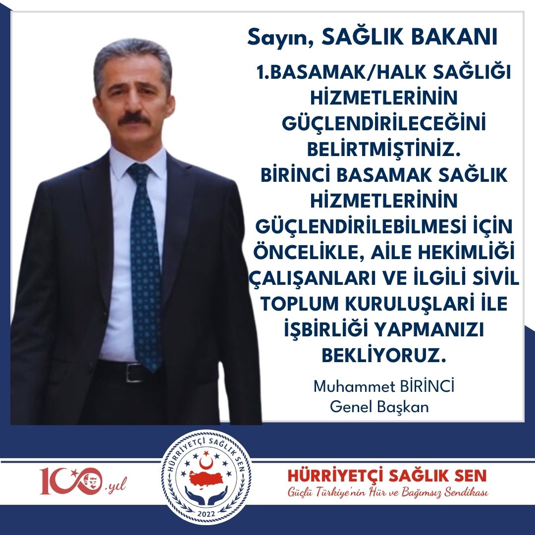 Sayın, SAĞLIK BAKANI
1.BASAMAK/HALK SAĞLIĞI HİZMETLERİNİN GÜÇLENDİRİLECEĞİNİ BELİRTMİŞTİNİZ.
BİRİNCİ BASAMAK SAĞLIK HİZMETLERİNİN GÜÇLENDİRİLEBİLMESİ İÇİN ÖNCELİKLE, AİLE HEKİMLİĞİ ÇALIŞANLARI VE İLGİLİ SİVİL TOPLUM KURULUŞLARİ İLE İŞBİRLİĞİ YAPMANIZI BEKLİYORUZ.