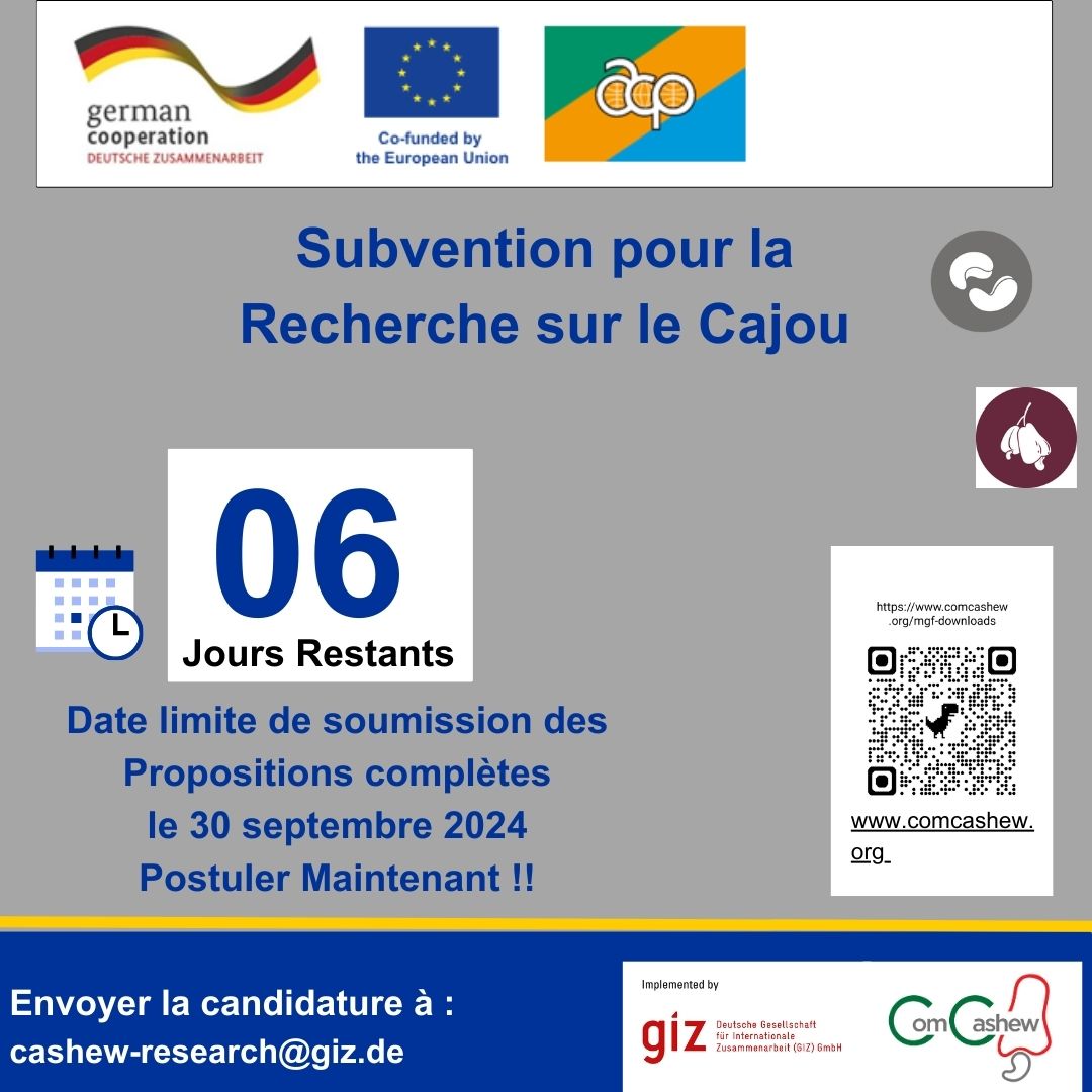 Still 6 more days  to apply for the Cashew Research Grant. 
Download all documents 
 comcashew.org/mgf-downloads

Il reste  6 jours pour postuler . Télécharger les documents comcashew.org/telechargement…

<a href="/EU_Partnerships/">EU International Partnerships 🇪🇺</a> 
<a href="/BusinessACP/">Business ACP</a> 
<a href="/giz_gmbh/">GIZ</a> 
@giz_ghana 
<a href="/EuropeInGhana/">European Union in Ghana</a>