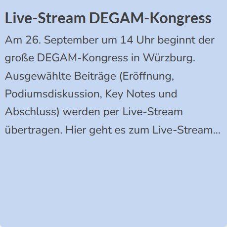 Wer nicht beim #DEGAM2024 Kongress (26.-28.9.2024) in Würzburg in situ sein kann, kann über den Live-Stream ausgewählte Beiträge online miterleben. Start ist morgen um 14 Uhr auf der Kongress-Website (ohne Zugangsbeschränkung): degam-kongress.de/2024/