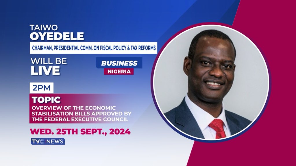 Time is 2pm DSTV CHN 418, GOTV CHN 25. <a href="/taiwoyedele/">Taiwo Oyedele</a> <a href="/NGRPresident/">Presidency Nigeria</a> <a href="/officialABAT/">Bola Ahmed Tinubu</a> <a href="/FinMinNigeria/">Federal Ministry of Finance</a> <a href="/PwC/">PwC</a> <a href="/tvcnewsng/">TVC News</a> <a href="/FemiAkandeTVC/">FEMI AKANDE</a> <a href="/sdin_jacob/">Stella Din-Jacob</a> <a href="/KAYODELADEINDE/">KAYODE LADEINDE</a> <a href="/UzonnaOnonye/">Uzonna Ononye TVC News</a>