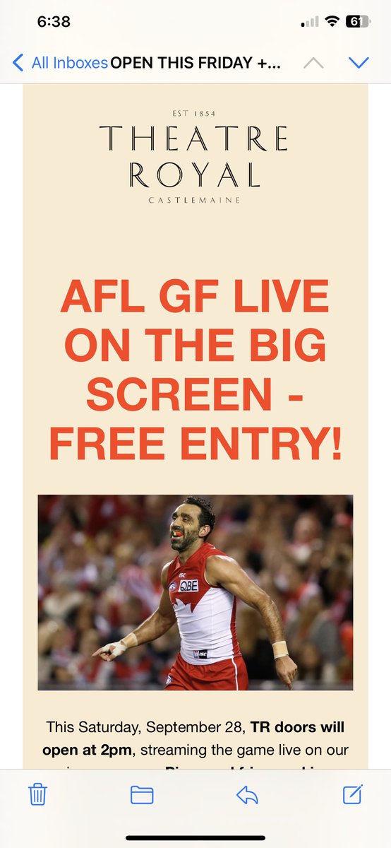 The Theatre Royal in Castlemaine is a responsive and delightful component of the community in Central Victoria. I don’t know of many other cinema/theatres that would throw the doors open free to stream a sporting event. They make good pizzas there too (just saying)! #AFLGF 😁