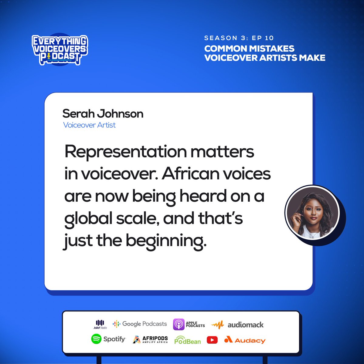 EverythingVOs's tweet photo. Here are some useful quotes by Serah Johnson, from the podcast.

Episode is still streaming on all platforms. Link in bio.

#voiceovers #serahjohnson #everythingvoiceoverspodcast #voiceoverpodcast #voicetalents #voiceactors https://t.co/hIM0IzfZVy