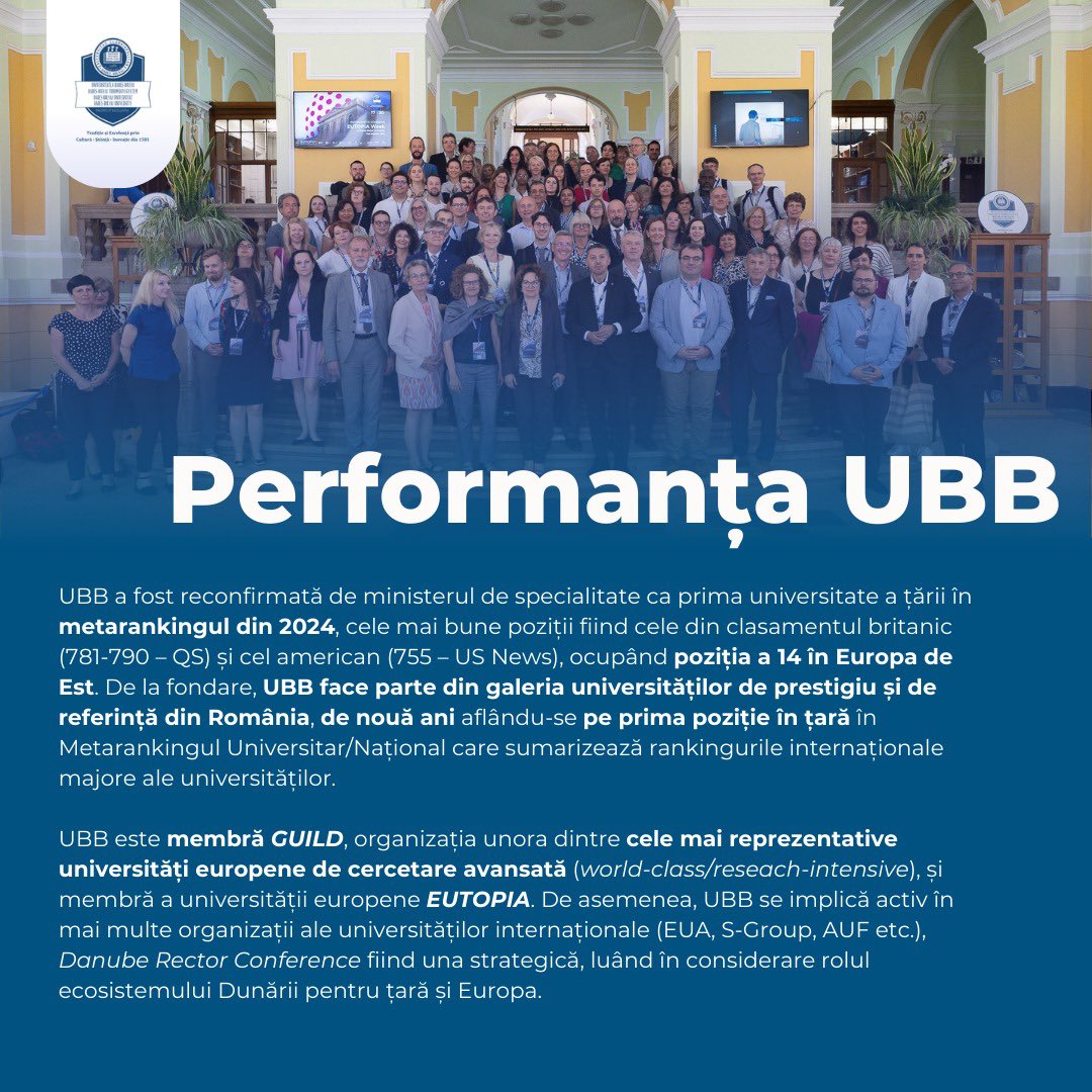 🏛️ Comunitatea academică UBB este recunoscută în clasamentele internaționale, are un impact european și este vizibilă internațional.

Mai multe detalii: news.ubbcluj.ro/ubb-incepe-anu… 

#UBB #comunitateaUBB  #istoriaUBB #complexitateaUBB #performantaUBB #cluj