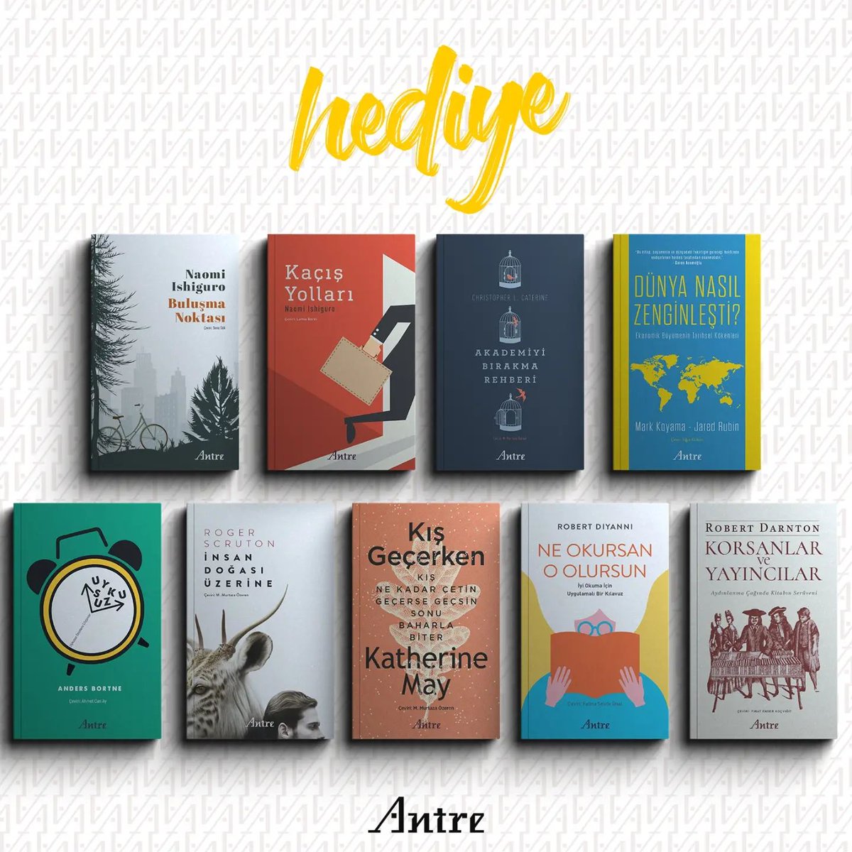 Çekiliş | Bir takipçimize görselde yer alan tüm kitaplarımızı hediye ediyoruz. 

Yapmanız gerekenler; 
▶️ Bizi takip et 
▶️ Bu gönderiyi RT et ve beğen
▶️ Yoruma arkadaşlarını etiketle

Son gün: 30 Eylül Pazartesi

#antrekitap #kitap #hediye