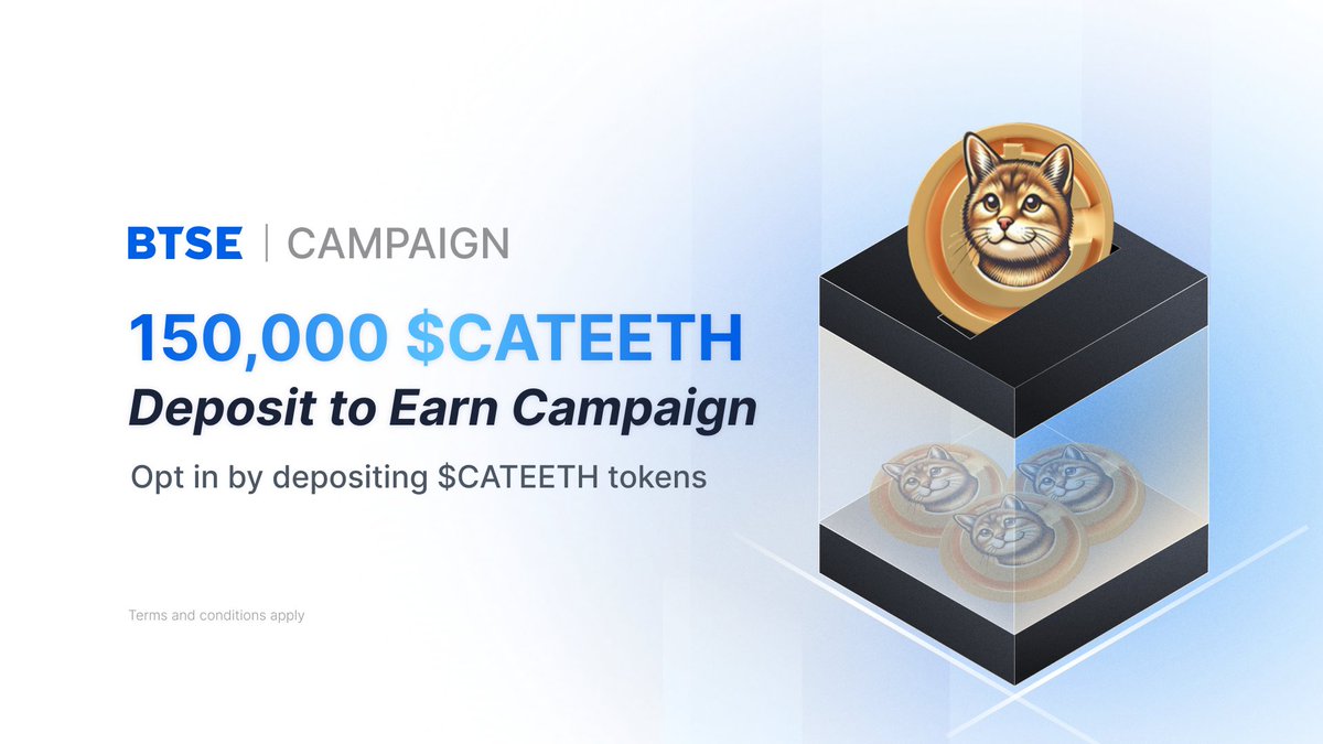 BTSE_Official's tweet photo. Our latest campaign with @cateonethereum - $CATE has officially started! 🚀

Join the #CATEETH Deposit to Earn and compete for your share of the massive 150,000 #CATEETH prize pool. 🔥

Find all the details in the thread below—don’t miss your chance to win!👇🏼

#BTSECampaign https://t.co/6Sc4g9szUu