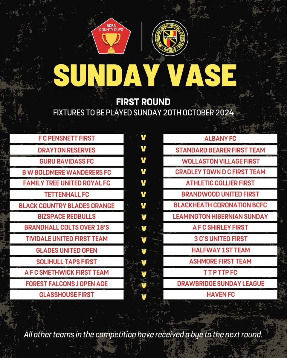 The first round draw of the BCFA Sunday Vase is complete. 🏆 

Fixtures are to be played Sunday 20th October 📅 

#BCFACountyCups | #MoreThanACup