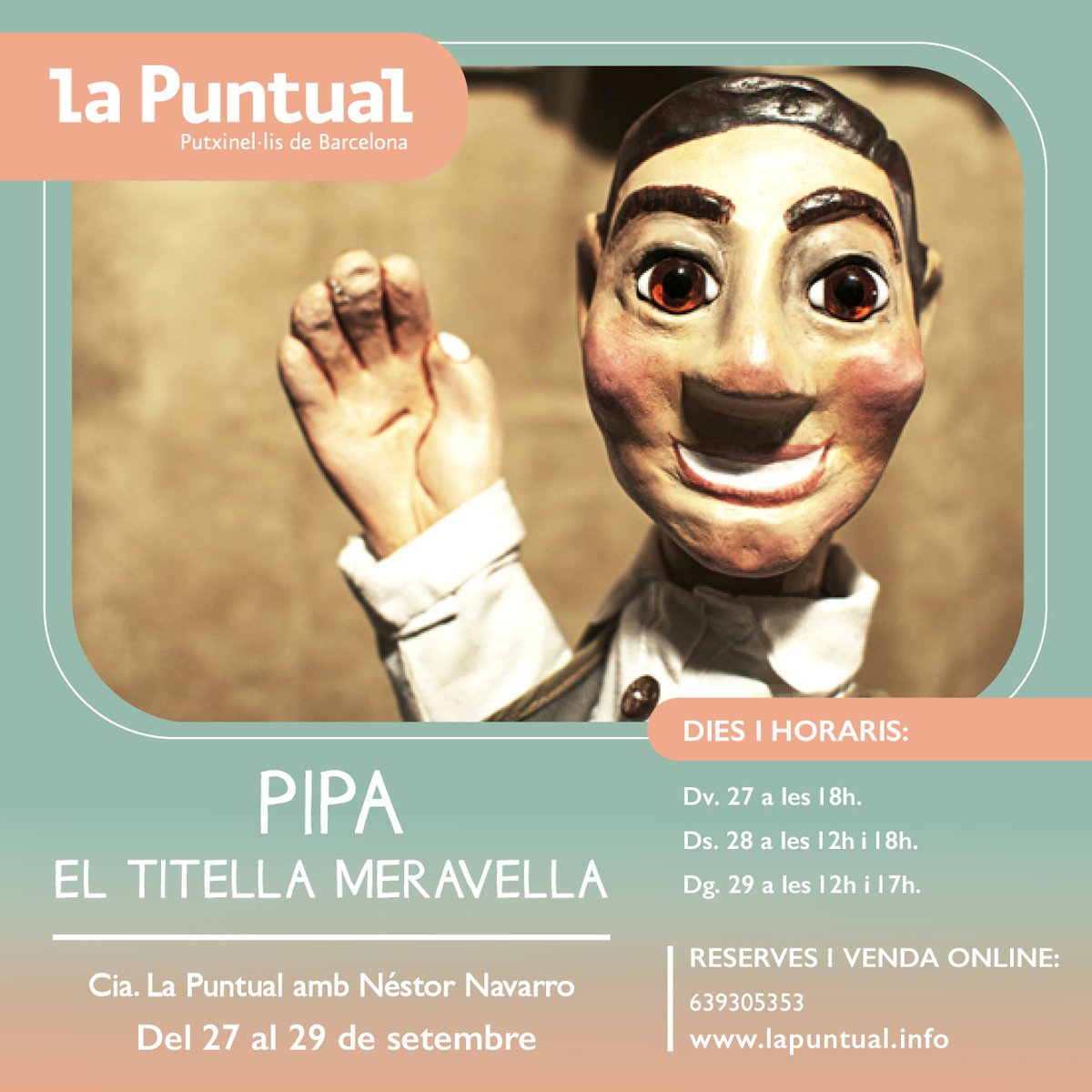 "PIPA, EL TITELLA MERAVELLA" que acaba de tornar d'una exitosa gira pel Canadà estarà aquest cap de setmana a LA PUNTUAL. Vine a gaudir de la surrealista i tendra comèdia de titelles de NÉSTOR NAVARRO - CIA. LA PUNTUAL.
Info i venda d'entrades a lapuntual.info
#LaPuntual