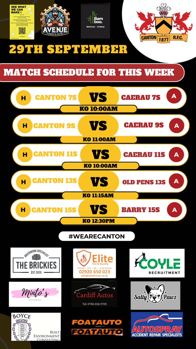 Back to action this weekend with a full set of fixtures! Come and show your support as our minis take on local rivals Caerau, and our U13s play their first cup match of the season.

Come down and cheer them on!

#WeAreCanton