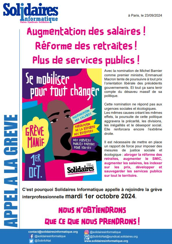SolInfoNat's tweet photo. 1er Octobre - En grève et en manif ✊

▶️Pour les salaires
▶️Pour les retraites
▶️Pour les services publiques

Toutes et tous en grève et en manif le 1er octobre !

https://t.co/nrn54D74gU https://t.co/fGCF6cdZcE