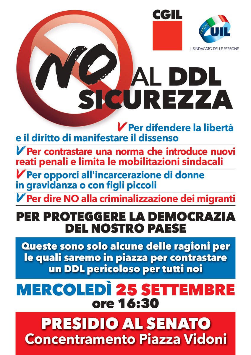 ITUC (@ituc) on Twitter photo 📢 La <a href="/cgilnazionale/">CGIL Nazionale</a> e la <a href="/UILofficial/">Uil Nazionale</a> informano su una questione politica cruciale: il Governo Meloni ha presentato un disegno di legge che criminalizza la resistenza pacifica e limita il diritto di protesta. Questo DDL, già approvato alla Camera, minaccia i diritti 📢 La <a href="/cgilnazionale/">CGIL Nazionale</a> e la <a href="/UILofficial/">Uil Nazionale</a> informano su una questione politica cruciale: il Governo Meloni ha presentato un disegno di legge che criminalizza la resistenza pacifica e limita il diritto di protesta. Questo DDL, già approvato alla Camera, minaccia i diritti