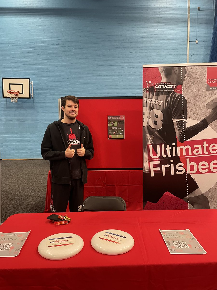 Come along and say Hi to our team at the Staffs Ultimate Frisbee stand today in the Sir Stanley Mathews Sports Centre from 10-2! #frisbee #ultimatefrisbee #sportatstaffs #staffordshireuniversity