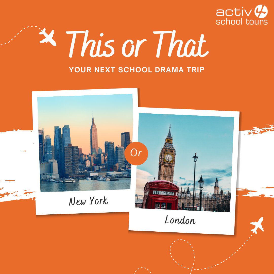 activ4's tweet image. Big decision time! New York or London for your schools next drama trip?  Will you choose Broadway's bright lights or West End's iconic stages? Book your dream theatre adventure today and give your students an unforgettable experience! #DramaTrip #BroadwayVsWestEnd