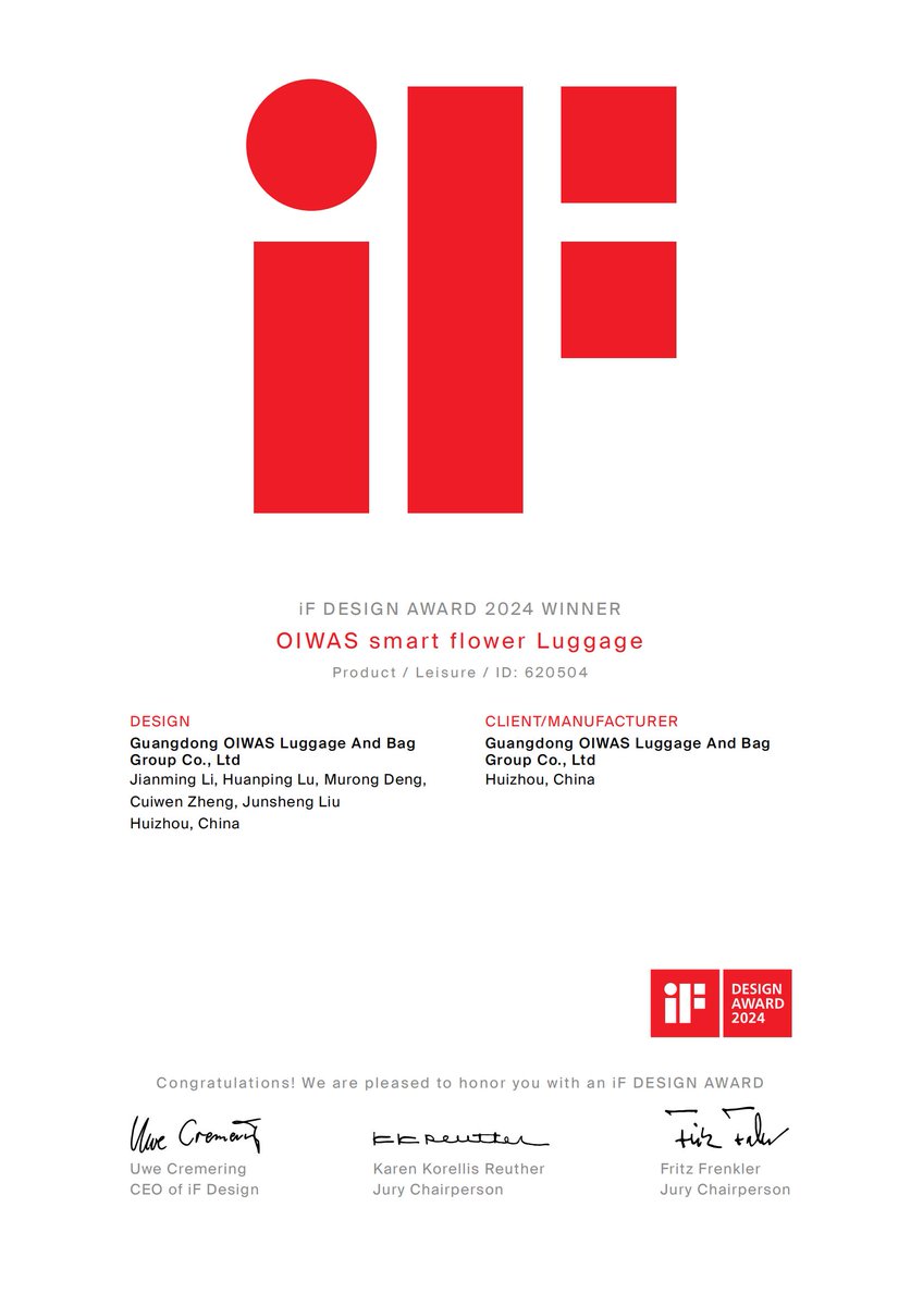 oiwas_official's tweet image. We are delighted to announce that our product OIWAS Smart Flower Luggage has won the IF Design Award 2024!🎉🏆
Find out more about us: oiwasbag.com
#ifdesignaward2024 #ifdesign #designaward #productdesign #oiwasluggage