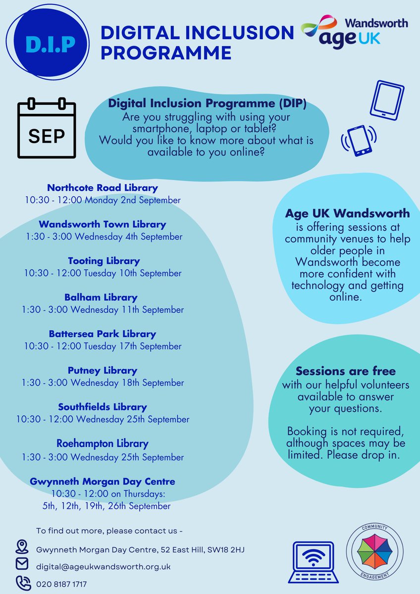 wandsworthlibs's tweet photo. Older people who need help with digital services or computers can visit Southfields Library, 10.30am-12pm, or Roehampton Library,1.30-3pm
Learn to connect with family, access services online, & more, with DigiPals volunteers from AgeUK Wandsworth https://t.co/4aB91tpvdb #Digipals https://t.co/Py5IUH3lKv