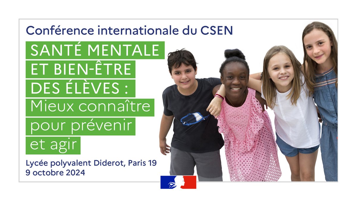 #Agenda :

Conférence internationale du #CSEN
Santé mentale et bien-être des élèves : mieux connaître pour prévenir et agir

Mercredi 9 octobre 2024 au lycée polyvalent Diderot, Paris 19ème

Ouvert à tous : cliquez ici pour vous inscrire

En savoir plus : reseau-canope.fr/sante-mentale-…