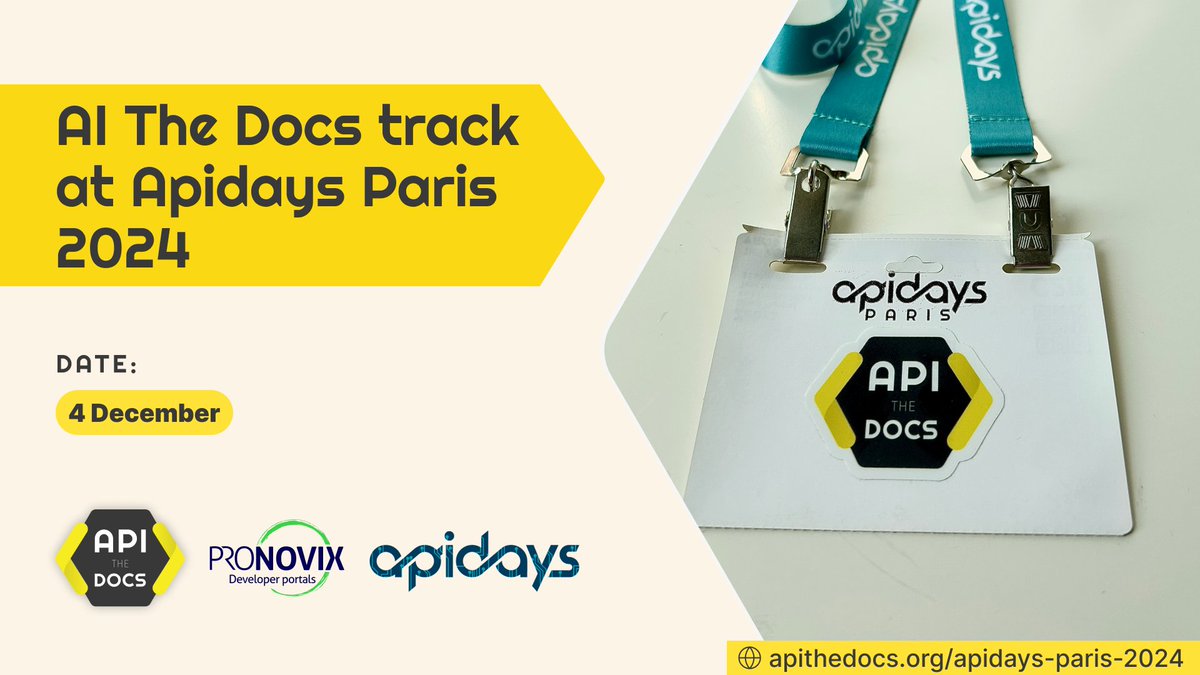 APItheDocs's tweet image. 📯Apply to be a Speaker at the largest #API conference in Europe!

We&apos;re looking for speakers who can present use cases for #GenAI in #APIdocs and developer portals – we want to hear success stories as well as disappointments. 

Let&apos;s learn together!

🧵
#APItheDocs #APIdays