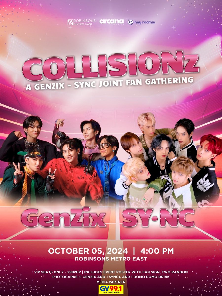 GV991's tweet photo. Get ready PPOP Fans and mga Ka-vibes

The ultimate fan gathering of Genzix and SY•NC 

October 05, 2024 , 4PM
Robinsons Metro East, GF
VIP Seats are now available for 299PHP. 

In partnership with GV 99.1

#GV991 #YourGoodVibes #GenZix #SYNC #PPOP  #PPOP #PPopRise https://t.co/6wqGBYlp58