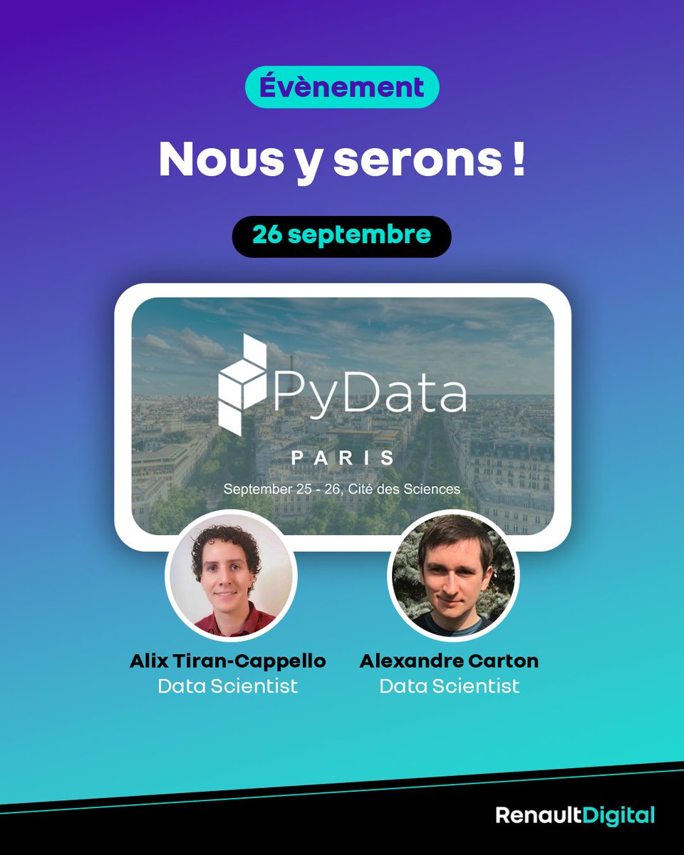 🎉 Nous serons présents à <a href="/PyData/">PyData</a> Paris le 26 septembre prochain à la Cité des Sciences ! 🚀
🗓️RDV incontournable de la communauté open-source autour de l’#IA, du #machinelearning et de la #datascience !
#PyDataParis