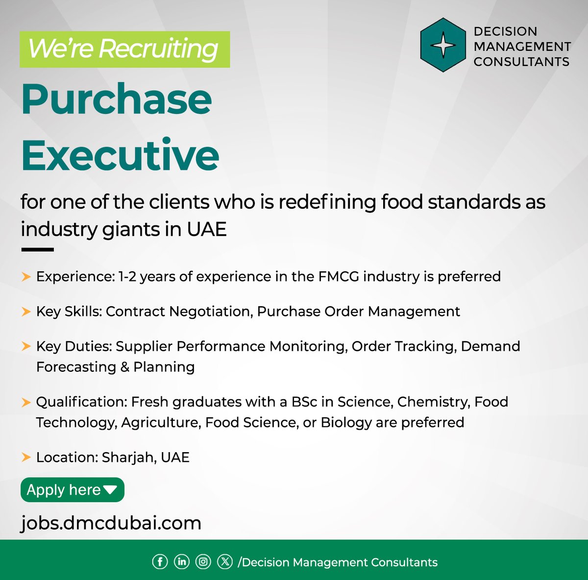 mydmcdubai's tweet image. Decision Management Consultants is recruiting a Purchase Executive for one of the client driving excellence in FMCG industry.

Apply Here: jobs.dmcdubai.com/jobs/Careers/7…

#purchaseexecutive #sharjahjobs #uaejobs #fmcg #foodindustry