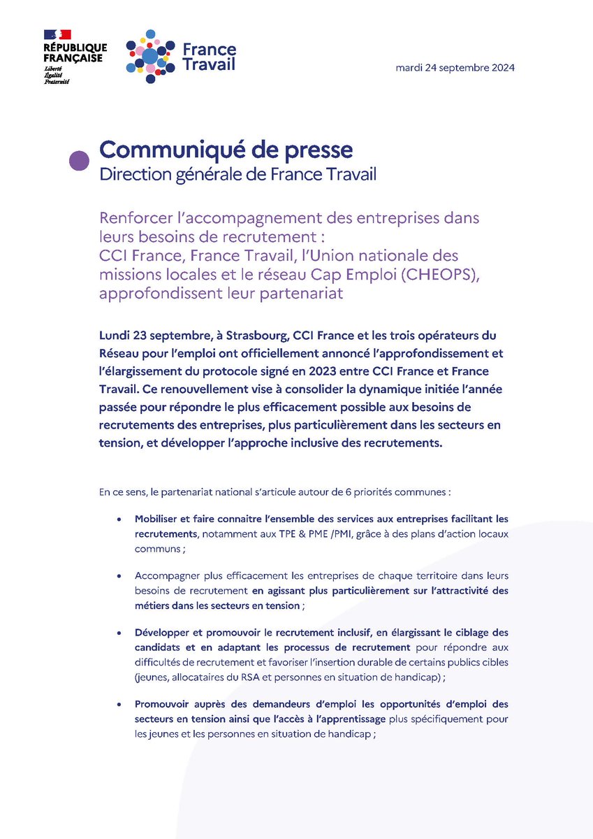 Pour mieux accompagner les #entreprises dans leur #recrutement et développer une approche inclusive, France Travail, <a href="/ccifrance/">CCI France 🇫🇷🇪🇺</a>, <a href="/UNmissionlocale/">UNML</a> et <a href="/Capemploi_/">Cap Emploi</a> signent une nouvelle convention et renforcent leur collaboration 🤝

Notre #CP commun ici ➡️ francetravail.org/accueil/commun…