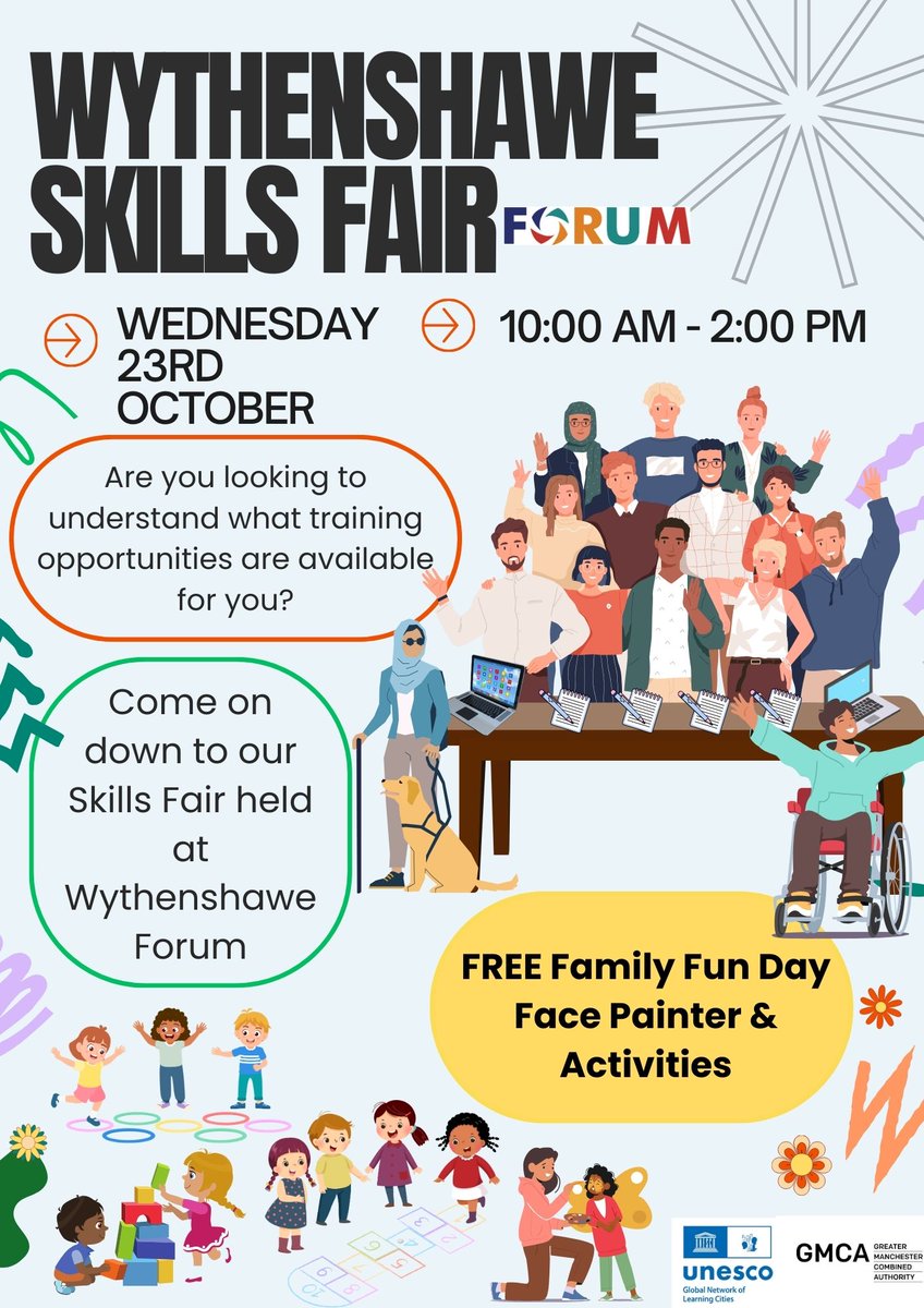 MCC Work and Skills (@mccworkskills) on Twitter photo Are you a Manchester resident aged 19+ looking to find out what training opportunities are available to you? Come along to the Wythenshawe Skills Fair on Wednesday 23 October also featuring family fun activities <a href="/ForumCentre/">Forum, Wythenshawe</a>
👇 Are you a Manchester resident aged 19+ looking to find out what training opportunities are available to you? Come along to the Wythenshawe Skills Fair on Wednesday 23 October also featuring family fun activities <a href="/ForumCentre/">Forum, Wythenshawe</a>
👇