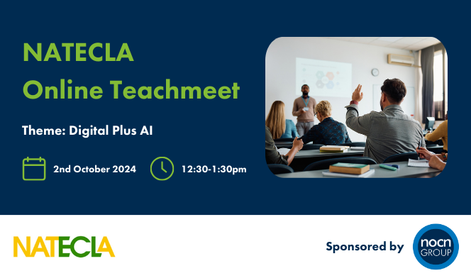 NOCNGroup's tweet image. ONE WEEK TODAY we&apos;re hosting and sponsoring an online &apos;Teachmeet&apos; from the National Association for #TeachingEnglish and #CommunityLanguages (@NATECLA) on #artificialintelligence in the field of #ESOL (English for Speakers of Other Languages). Register: nocn.org.uk/events/article…
