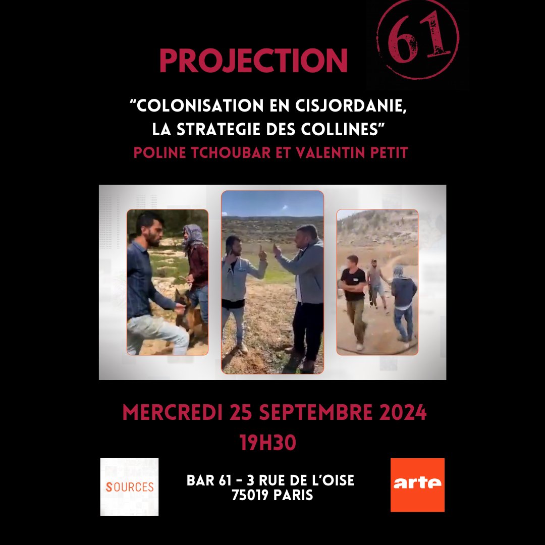 Rendez-vous ce soir au <a href="/Bar61Paris/">61 Paris</a> , avec les journalistes <a href="/PolineTchoubar/">Poline Tchoubar</a> et @piccolo_val pour présenter leur enquête "Colonisation en Cisjordanie, la stratégie des collines"