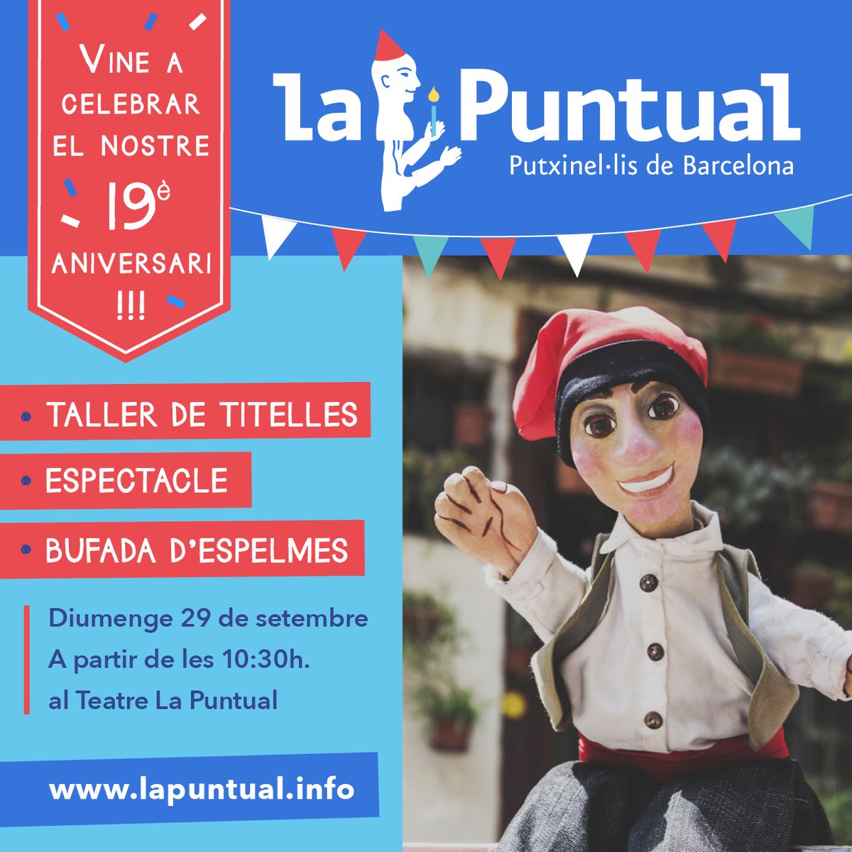 19è ANIVERSARI DE LA PUNTUAL❗
En fem 19 i estem molt contents per això hem preparat una programació especial pel DIUMENGE 29 DE SETEMBRE i compartir aquest dia tan assenyalat,  volem BUFAR LES ESPELMES, i ho volem fer amb vosaltres.
#AniversariLaPuntual #BufarEspelmes #19anys
