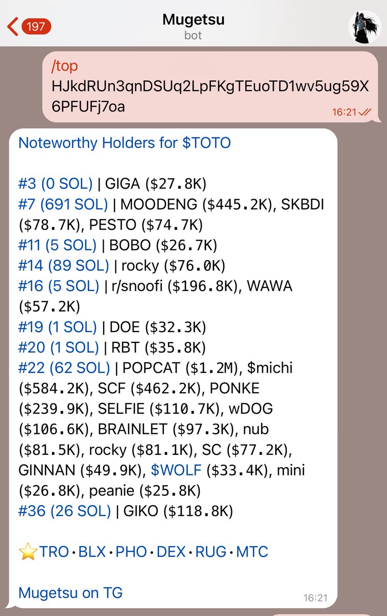 brandonsalim's tweet photo. I ONLY ape in projects when they have strong top holders

This is how i aped in heavy in #moodeng at 2m and $pesto at 300k

If you are looking for the next runner, it will be $TOTO

Use Mugetsu bot here to check
 https://t.co/xZkDYWBzri https://t.co/hLYGodi4IE