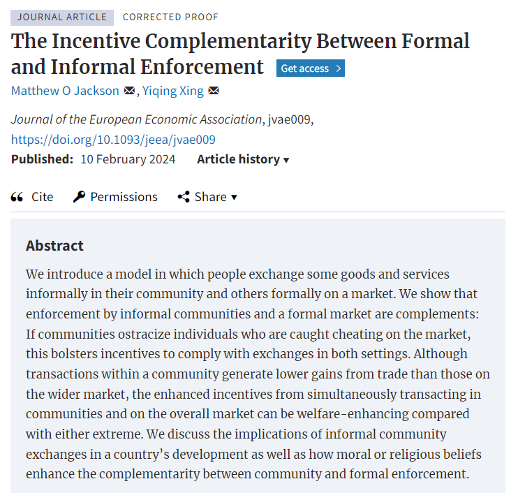 Beautiful and important paper!
<a href="/JacksonmMatt/">Matthew Jackson</a>, and Yiqing Xing. 2024. ‘The Incentive Complementarity Between Formal and Informal Enforcement’. <a href="/JEEA_News/">JEEA</a>
academic.oup.com/jeea/advance-a…