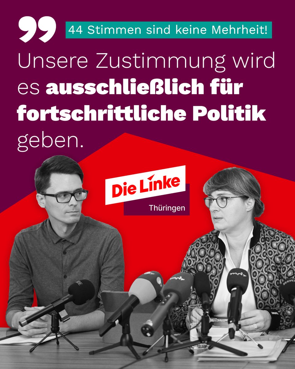 Die Linke Thueringen (@die_linke_th) on Twitter photo 44 Stimmen sind keine Mehrheit. Die #CDU bricht offenbar ihr Versprechen, eine stabile Mehrheitsregierung zu bilden. <a href="/GrosseRoethig/">Ulrike Grosse-Röthig</a> & <a href="/ChristianSchaft/">Christian Schaft</a> machen klar: Unsere Stimmen wird es nur für fortschrittliche Politik geben! Das Statement: die-linke-thueringen.de/start/aktuell/… #thüringen 44 Stimmen sind keine Mehrheit. Die #CDU bricht offenbar ihr Versprechen, eine stabile Mehrheitsregierung zu bilden. <a href="/GrosseRoethig/">Ulrike Grosse-Röthig</a> & <a href="/ChristianSchaft/">Christian Schaft</a> machen klar: Unsere Stimmen wird es nur für fortschrittliche Politik geben! Das Statement: die-linke-thueringen.de/start/aktuell/… #thüringen